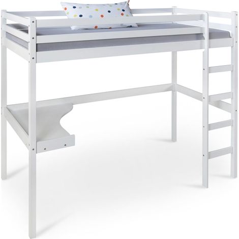 Décoshop26 – Lit mezzanine enfant en bois blanc 90 x 200 cm avec bureau et échelle – Hauteur sous lit 138,5 cm – LIT06235