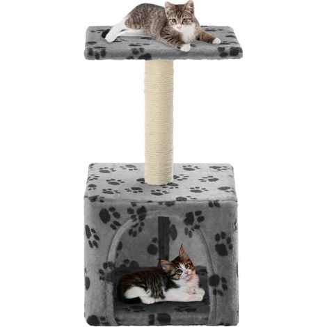 Arbre à chat avec poteaux à griffer en sisal, 55 cm, gris, à motif d'empreintes de pattes.