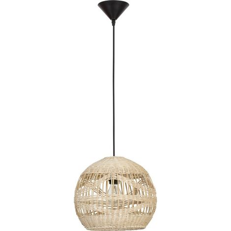 Merano Land Plafonnier Suspension Dôme 30cm Rotin Naturel Fil Tissu Noir Culot LED E27
