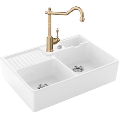 Evier VILLEROY ET BOCH Timbre d'office Tradition 2 bacs vidage auto + Robinet de cuisine Avia 2.0 Or Mat