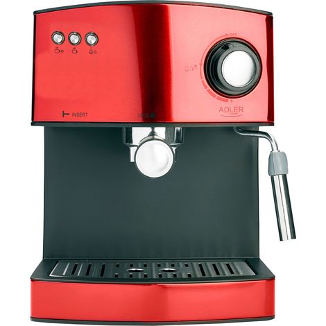 Adler AD 4404R Cafetera Espresso Manual 15 bares 1,6 L, Brazo Doble Salida, Espumador Leche, Calientatazas 850W Rojo (1/5)