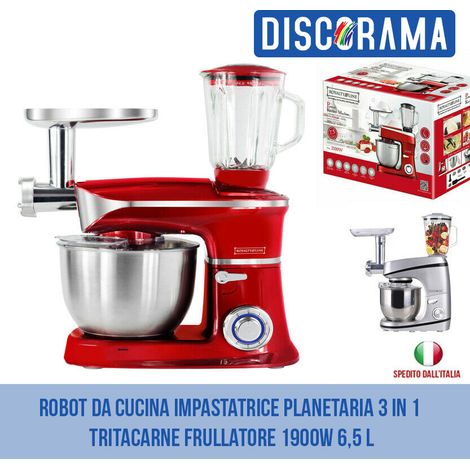 IMPASTATRICE PLANETARIA ROBOT DA CUCINA PROFESSIONALE 3 IN 1 TRITACARNE FRULLATORE 1900W 6,5L - DISCORAMA® (Grigio) (1/5)