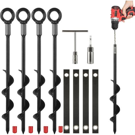 Trampoline Anchors Stakes Kit - Lot de 4 40cm Ancres au Sol vissées avec Sangles à Attacher réglables pour Jeu de balançage, Tente et Sorties de Cravate pour Chiens (Lot de 4) (1/5)