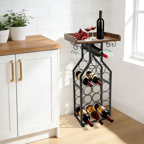 Estantería para vino, armario para bodega, estantería de bar con estructura metálica resistente y tablero de madera, con soporte para copas y sistema de sujeción seguro para botellas, 42 x 30 x 85 cm (1/5)