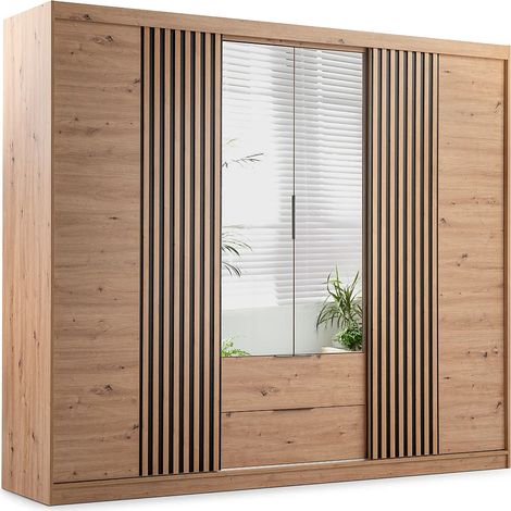 Armadio 4 ante e 2 cassetti Con specchio L250 cm Naturale - SIDOVIA