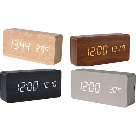 Réveil numérique avec design en bois, pour grand affichage LED, heure, date, température, pour double alarme, fonction snooze, lampe de bureau portable, chambre à coucher, bureau, blanc (1/5)