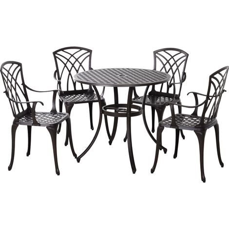 Outsunny 5 Pieces Garden Dining Set for 4, Cast Aluminium Outdoor Dining Set with 4 Armchairs and Round Dining Table with Parasol Hole, Garden Furniture Set, Brown