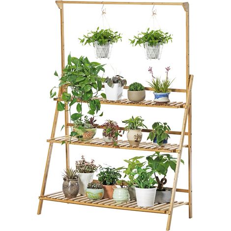 Unho – Étagère à plantes en bambou 3 niveaux – 100x40x96cm – Pliable et imperméable – Pour intérieur et extérieur (1/5)
