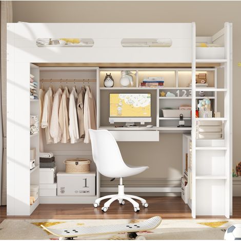 Lit mezzanine 90x200 cm en bois blanc avec bureau intégré, armoire ouverte, rangements, LED et port USB (1/5)