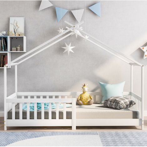 Hausbett Kinderbett mit Rausfallschutz 90x200 Weiß OKMYHOME (1/5)