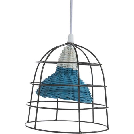 Suspension en métal et osier bleu, diam. 18 cm, lot de 3 (1/2)