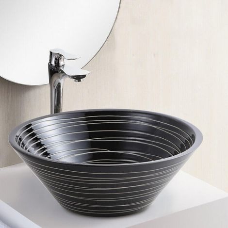 Rue Du Bain – Vasque à poser en céramique rainurée noire – Diamètre 41,5 cm – Hauteur 13 cm – Sans trop-plein – Pour robinet mitigeur surélevé (1/2)