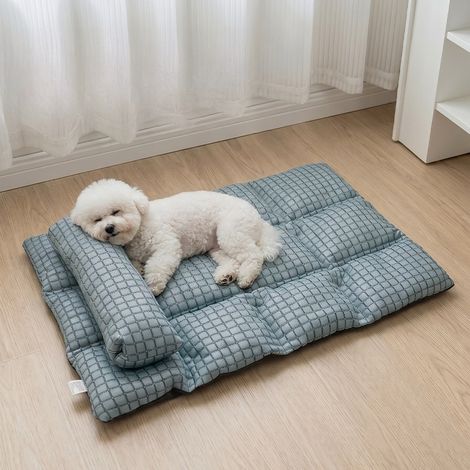 Tapis rafraîchissant pour chien avec oreiller soie glacée, matelas été respirant pour petits et grands chiens,Bleu,57x45cm (1/5)