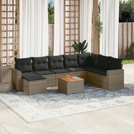 Salon de Jardin Modulaire 7 Pièces en Résine Tressée Gris, 2 Canapés + 2 Poufs + Table en Acacia, Coussins Amovibles (1/3)