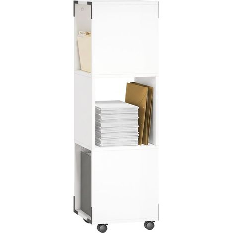 Classeur mobile à 3 compartiments ouverts, étagère pour imprimante sur roulettes avec 2 freins, blanc (1/5)