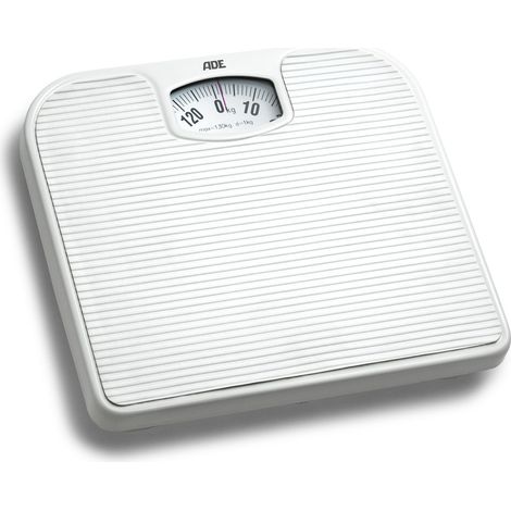 Bilancia pesapersone meccanica ADE Nina con superficie antiscivolo, portata fino a 120 kg, dimensioni 27 x 24 cm, colore bianco.