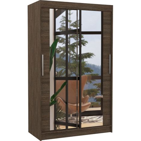 Petite armoire moderne de chambre à coucher marron avec 2 portes coulissantes miroir Ibizo 120cm (1/5)