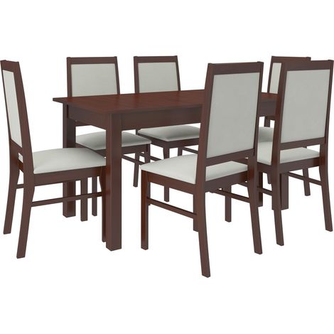 Ensemble table extensible 140-180cm et 6 chaises en bois Noyer foncé et tissu beige clair Klarika (1/5)