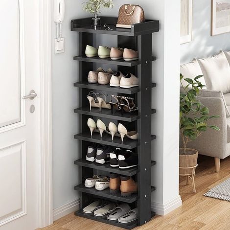 Youyijia Narrow Shoe Rack, Double Rows 7-Tier Tall Shoe Rack Organiser, Slim Vertical Shoe Storage Cabinet Wooden Shelf Rack Shoe Tower Free Standing Display Rack for Corner Entrance Hallway (Black) (1/5)