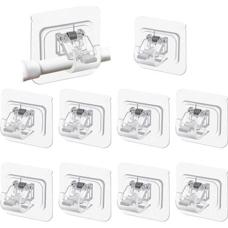10 Pièces Support Tringle Rideaux Sans Percage, Accroche Rideau Adhesif, Supports de Tringle Auto-Adhésifs Transparent pour Tringles à Rideaux, Barres à Serviettes, Salles de Bains, Cuisines (1/4)
