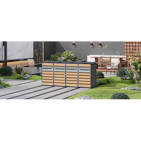 Box copri bidoni da esterno 4 scomparti con coperchi idraulici, chiudibile, grigio e legno OKMYHOME (1/5)