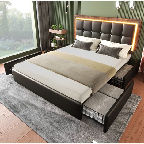 Cama doble tapizada 140x200 con LED y 4 cajones negra OKMYHOME (1/5)