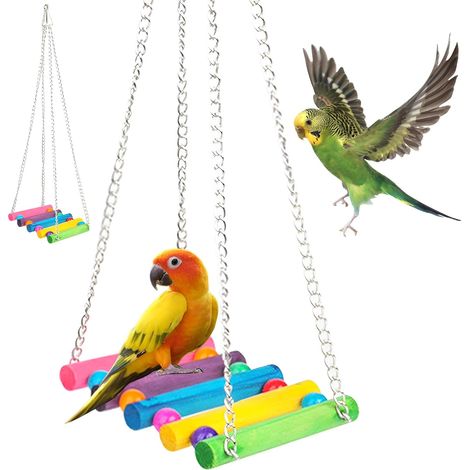 1 Balançoire Bois Oiseau Cloche Métal Perchoir Naturel Cage Perroquet Perruche (1/5)