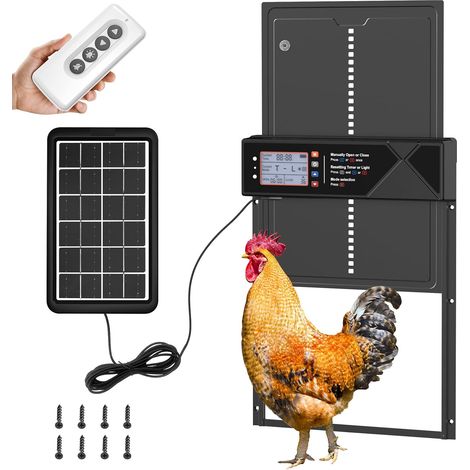 Porte automatique pour poulailler, 4 modes, écran LCD, porte solaire avec minuterie et capteur de luminosité, en alliage d'aluminium avec protection anti-pincement (1/5)