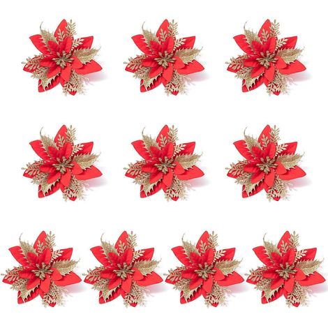 10 Stück künstliche Weihnachtsstern-Pailletten für den Weihnachtsbaum, Weihnachtsschmuck, Hochzeitsdekoration, Maison Nouvel, roter Goldschmuck (1/5)