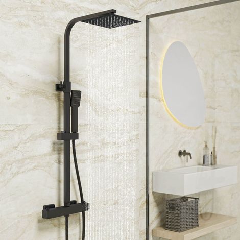 Biubiubath 20cm Square Matt Black Thermostatic Mixer Shower Set Exposed