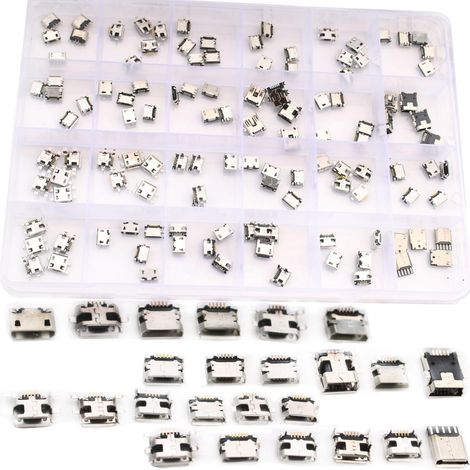 120 Pcs 24 Types Modèles USB souder connecteur,Micro USB Femelle Connecteur a Souder,Micro USB 5 Broches à souder pour Ordinateurs, téléphones Portables et appareils électroniques