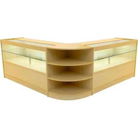 Set Mostradores Comerciales "ANDROMEDA" Arce 2xC1500+1xLM60 MDF y vidrio templado Estantes y puertas corredizas con cerradura Fácil Montaje Mostrador Recepción Expositor Comercial Mesa