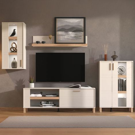 Wandregal Fallo, Modulare Wohnwand, 7 Regale, 9 Fächer, 289x40x181.5h cm Cremeweiß (1/5)