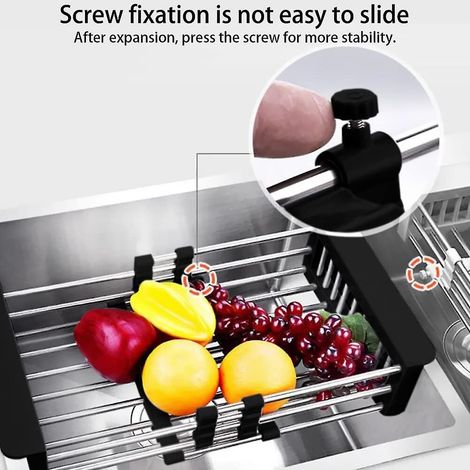 Égouttoir télescopique en acier inoxydable noir pour laver la vaisselle et égoutter les fruits et légumes (1/3)