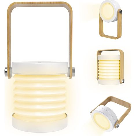 Lanterne LED veilleuse portable lampe de table pliante avec poignée en bois rotation à 360° lampe de chevet luminosité réglable pour lecture, camping, chambre à coucher (1/5)