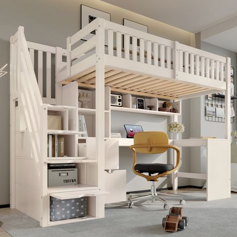 Lit mezzanine 90x200 cm avec escalier de rangement, lit enfant avec bureau d’angle, étagères, 2 tiroirs et sommier inclus, bois, blanc (1/5)