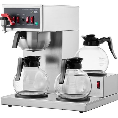 Mophorn Cafetière à filtre commerciale 12 tasses, 3 carafes en verre et 3 plaques chauffantes, cafetière en acier inoxydable pour restaurant, bureau, café (1/5)