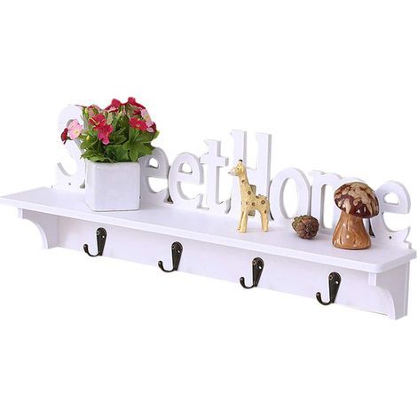 Porte-manteau mural en bois Sweet Home avec étagère et 4 crochets, rangement pour clavier, décoration intérieure (1/5)