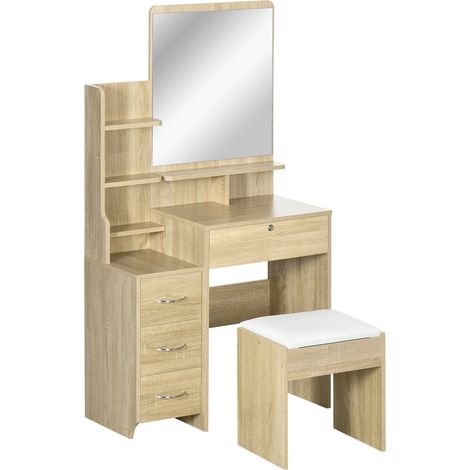 Schminktisch-Set mit gepolstertem Hocker, großem Spiegel, mehreren offenen Regalen und 4 Schubladen aus Naturholz