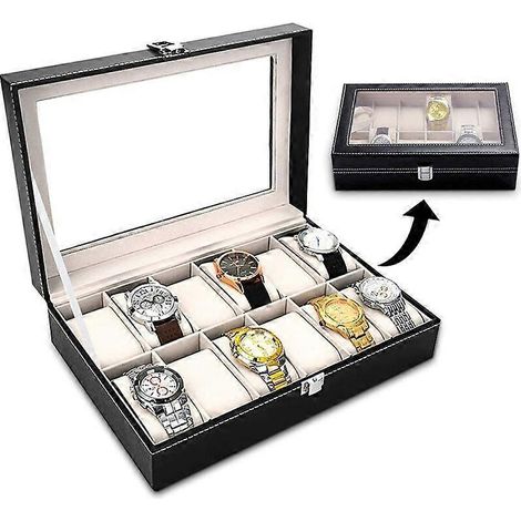 Caja para relojes, soporte para relojes, caja para relojes, caja para relojes con 12 compartimentos, caja de almacenamiento con forro de terciopelo suave, soporte para caja de relojes