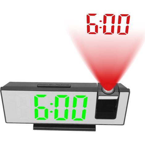 Réveil à projection LED avec affichage numérique miroir, réveil de chevet haute définition, réveil calendrier de bureau, boîtier noir avec lumière verte. (1/5)