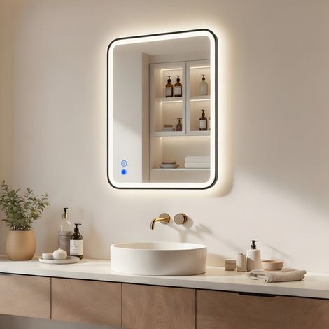 ARTFORMA Specchio da bagno LED rettangolare 80x60 cm nero opaco touch antiappannamento (1/5)