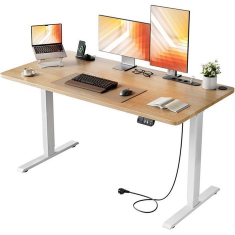 Escritorio EcoFurnix de altura ajustable eléctrica, 120 x 60 cm, altura ajustable 72-113 cm, con toma integrada y puerto USB, color madera. (1/5)