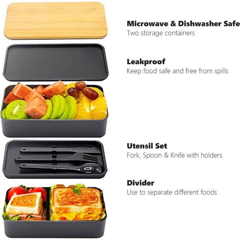 Boîtes à lunch portables à un ou deux compartiments – d'une capacité de 900 ml et 1150 ml – idéales pour les étudiants et les employés de bureau. (Double compartiment) (1/4)