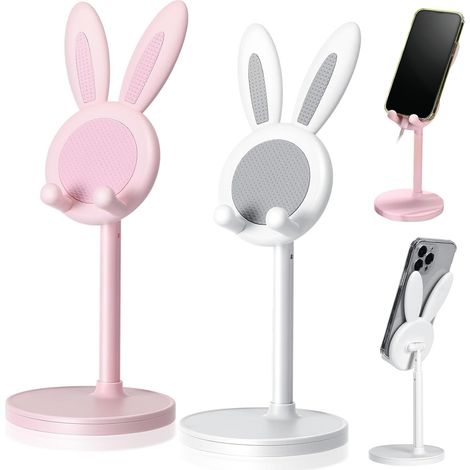 Support de Téléphone de Bureau en Forme de Lapin - Lot de 2 - Blanc et Rose - Accessoire de Bureau Mignon - 1 Paire (1/5)