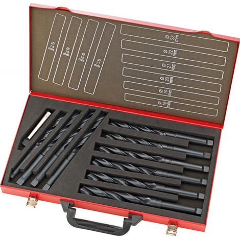 Juego de brocas helicoidales DIN345 HSS rollgewalzt 14-23mm 1mm stg. Caja de metal FORTIS
