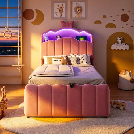 Lit coffre 90x200 cm avec rangement hydraulique, tête de lit avec LED et ports USB/Type-C, en velours, rose (1/5)
