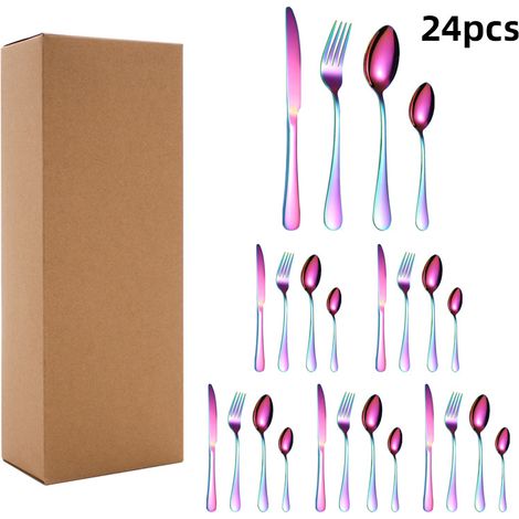 Ensemble de couverts en acier inoxydable (24 pièces - couleurs arc-en-ciel) : couteau, fourchette et cuillère.