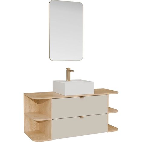 Meuble de salle de bain suspendu avec niches, vasque à poser carrée, robinet et miroir - Beige et naturel clair - 120 cm - LAVENA (1/5)