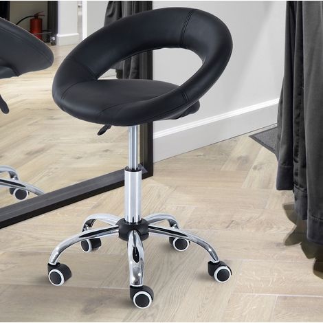 MEUBLIV Tabouret de bureau à roulettes réglable noir en PU et métal avec dossier (1/5)
